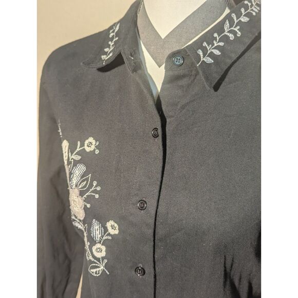 Bechamel Black Floral Embroidery Button Down Shirt Blouse Medium - Picture 2 of 6
